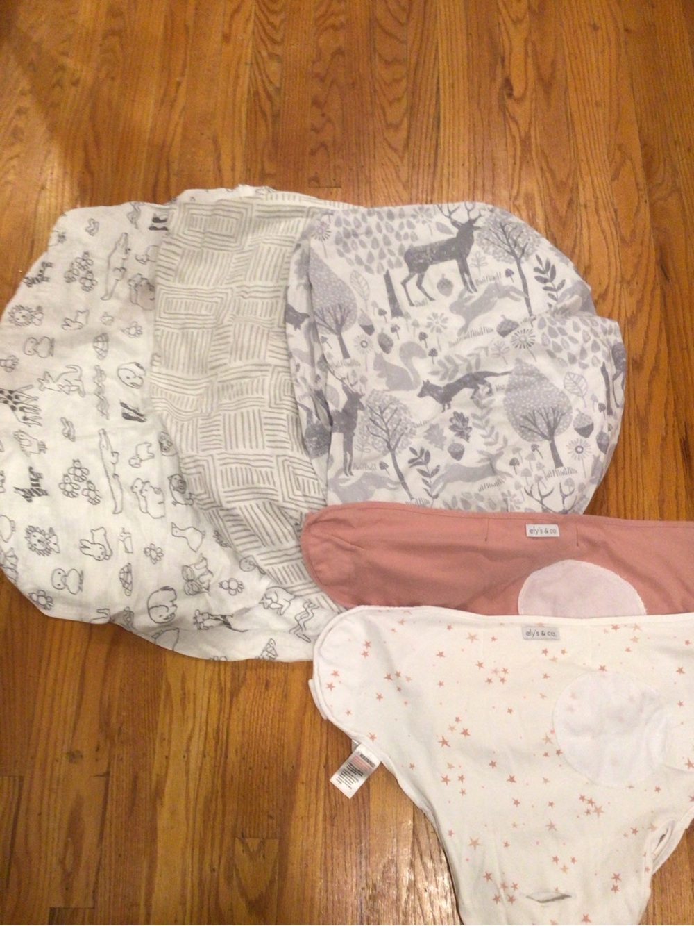 BUNDLE OF “5”- 3  COTTON CRIB SHEETS & 2 SWADDLES